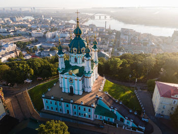 High angle view of townscape against buildings in city