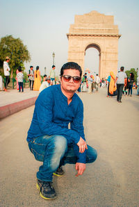 Portrait of tourists at historical building