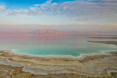 Scenic view of lake against cloudy sky