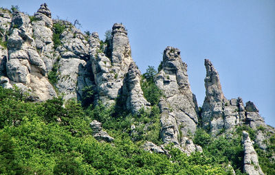 Low angle view of rocks against clear sky