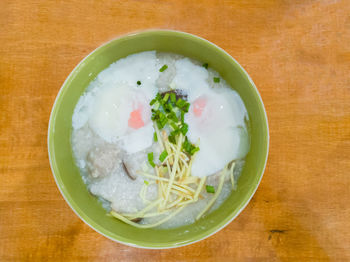 High angle view of food in bowl on table