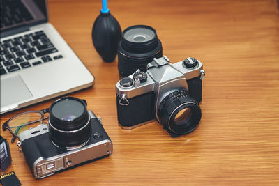 High angle view of camera on table