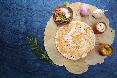 High angle view of food served on table