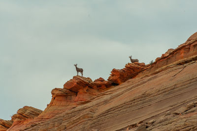 Low angle view of rock formations on mountain against sky