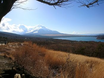 Scenic view of sea and mountains against sky