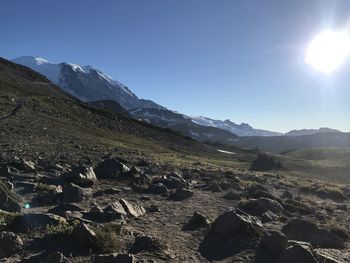 Scenic view of landscape against clear sky on sunny day