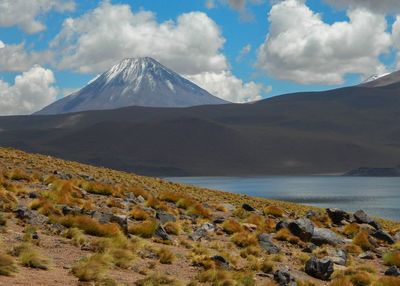 Scenic view of lake against cloudy sky