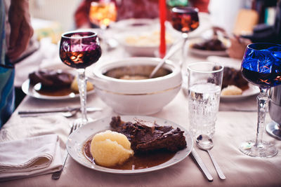 Close-up of food and drink on table