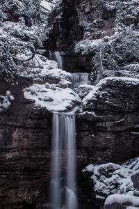 Fountain on rocky mountain during winter