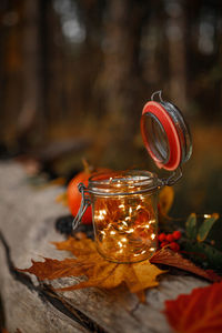 Close-up of drink in glass jar on table