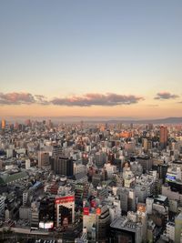 High angle view of townscape against sky during sunset