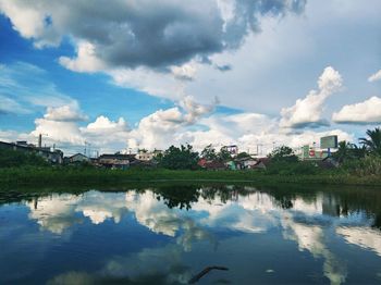 Scenic view of lake by building against sky