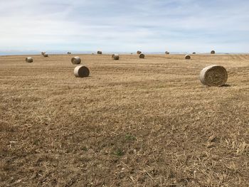 Hay bales on field against sky