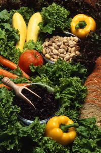 High angle view of fruits and vegetables