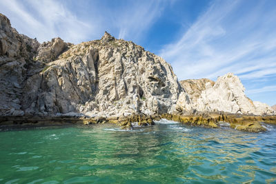 Rock formations in sea against sky