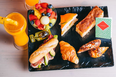 High angle view of breakfast on table