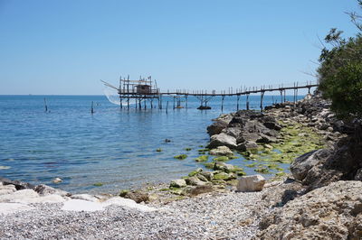 Scenic view of sea against clear blue sky