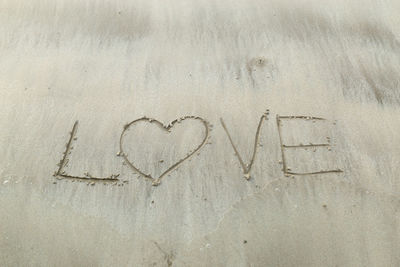 High angle view of text on sand