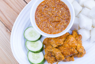 High angle view of food in plate on table