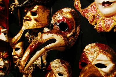 Close-up of venice carnival masks hanging on wall
