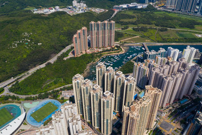 High angle view of buildings in city