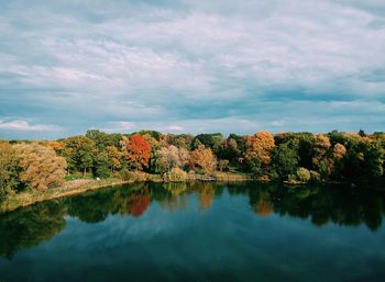 Scenic view of lake against sky during autumn