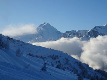 Scenic view of snowcapped mountains against sky