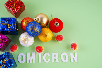 Close-up of christmas decorations against white background
