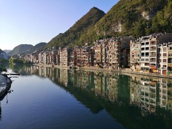 Reflection of buildings in lake against clear sky