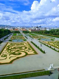 High angle view of park in city against sky