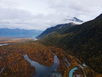 Scenic view of lake and mountains against sky