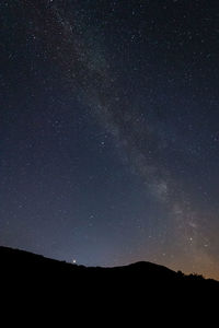 Silhouette landscape against star field at night