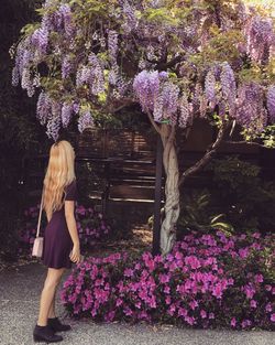 Young woman looking at flowers while standing on footpath in park