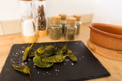 Close-up of food served on table