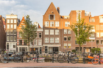 Bicycles parked by building in city