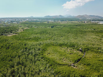 High angle view of field against sky