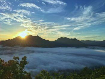 Scenic view of mountains against sky during sunset