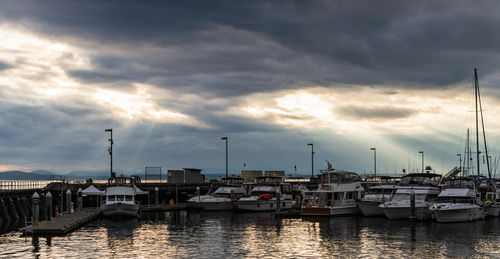 Sailboats moored in harbor at sunset