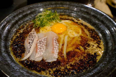 High angle view of breakfast served in plate