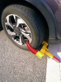 Close-up of clamped car wheel 