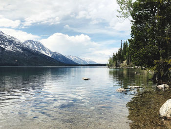 Scenic view of lake and mountains against sky