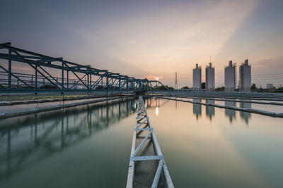 Bridge over river by buildings against sky during sunset