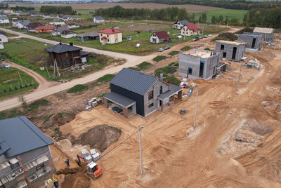 High angle view of buildings and houses in city