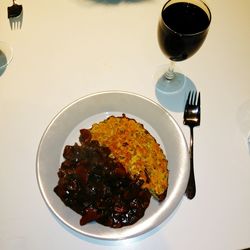 High angle view of food in plate on table