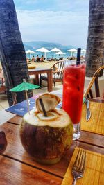 Close-up of drink served on table