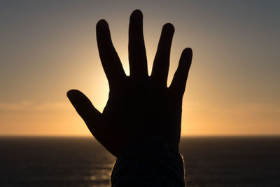 Close-up of silhouette hand against sky during sunset