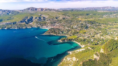 High angle view of sea and mountains