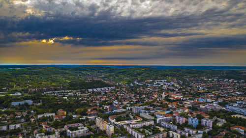 High angle view of townscape against sky during sunset