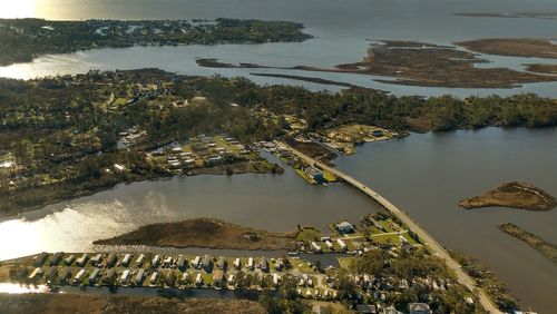 High angle view of lake by trees