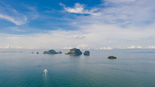 Landscape aerial view islands of the sea and boat tourists kra bi thailand